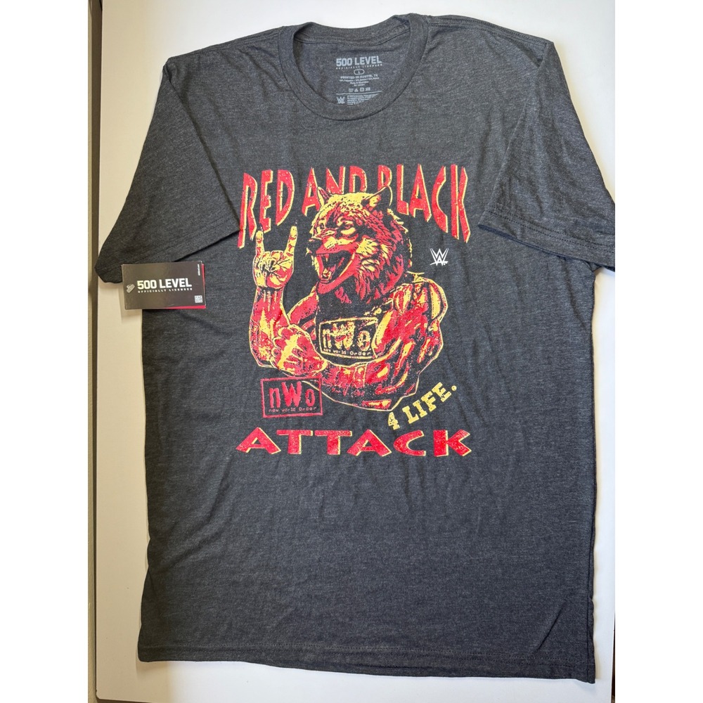 NEW 500 Level WWE nWo Wolfpac Red and Black Attack Shirt Charcoal Gray Large